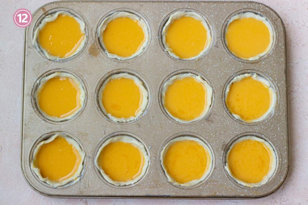 shape dough into cups, and fill with custard.