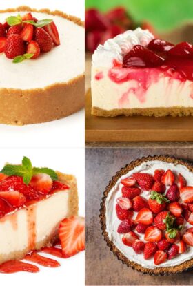 4 pictures of strawberry cheesecake