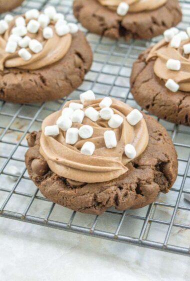 Hot cocoa cookies on cup of chocolate