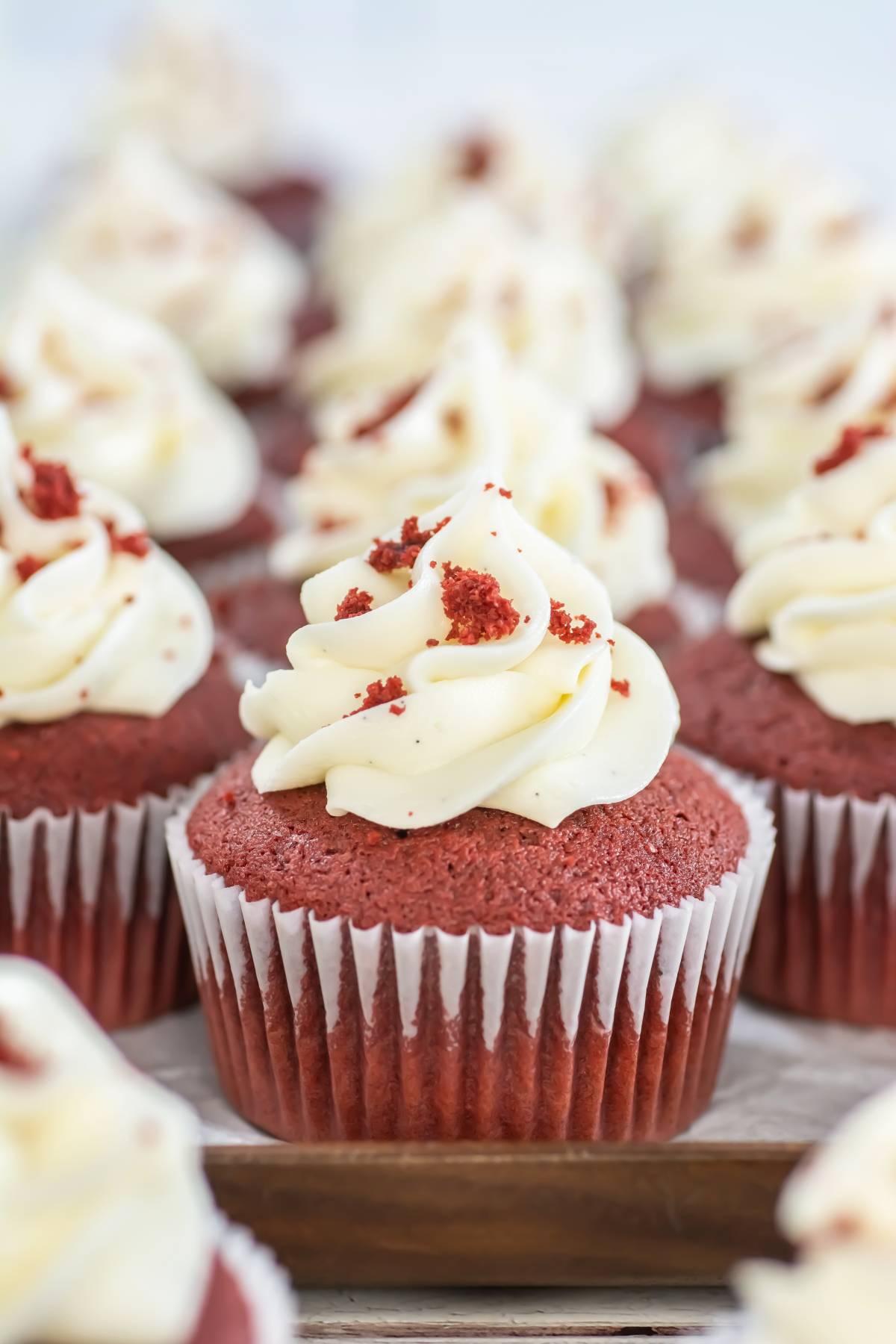 Front-facing view of a red velvet cupcake topped with a swirl of cream cheese frosting and red cake crumbs, surrounded by more frosted cupcakes in the background.